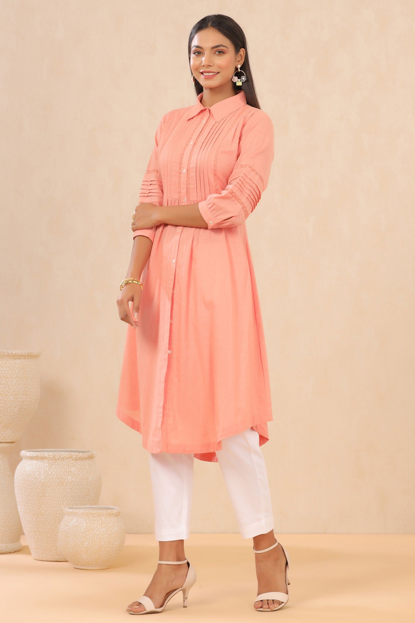 Blush Pink Cotton Slub Solid A-Line Midi Dress | DesiQlo