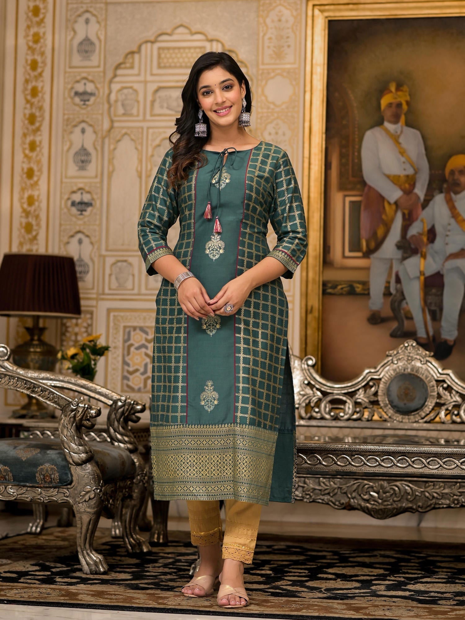 Bottle Green Ethnic Motif Printed Cotton Women Kurta With Dori Detail 