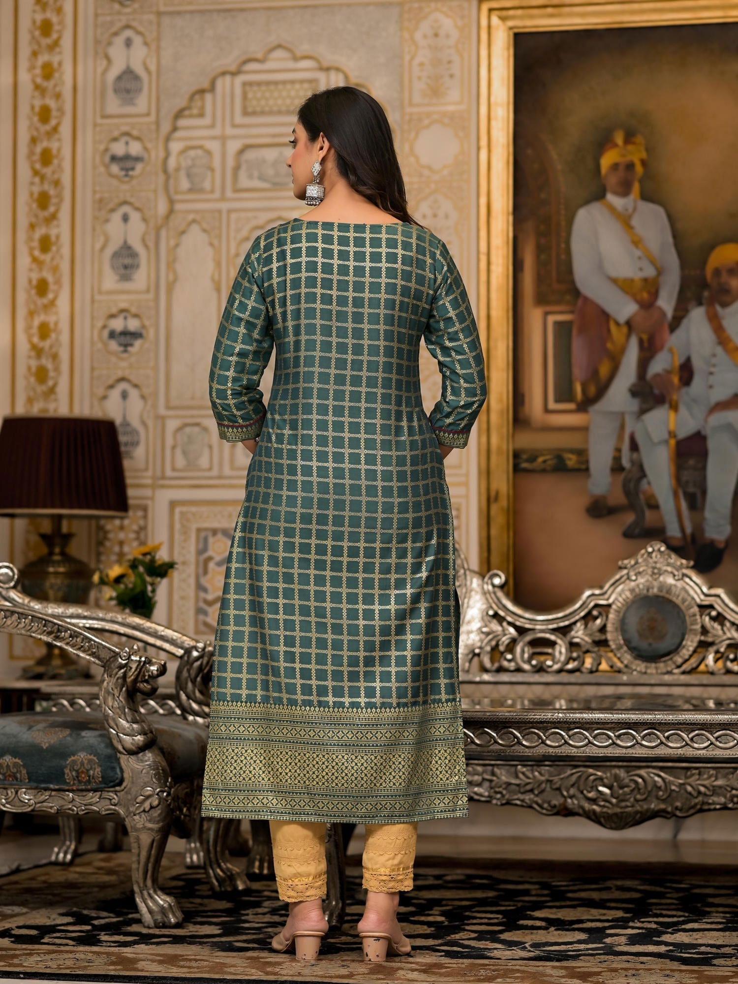 Bottle Green Ethnic Motif Printed Cotton Women Kurta With Dori Detail 