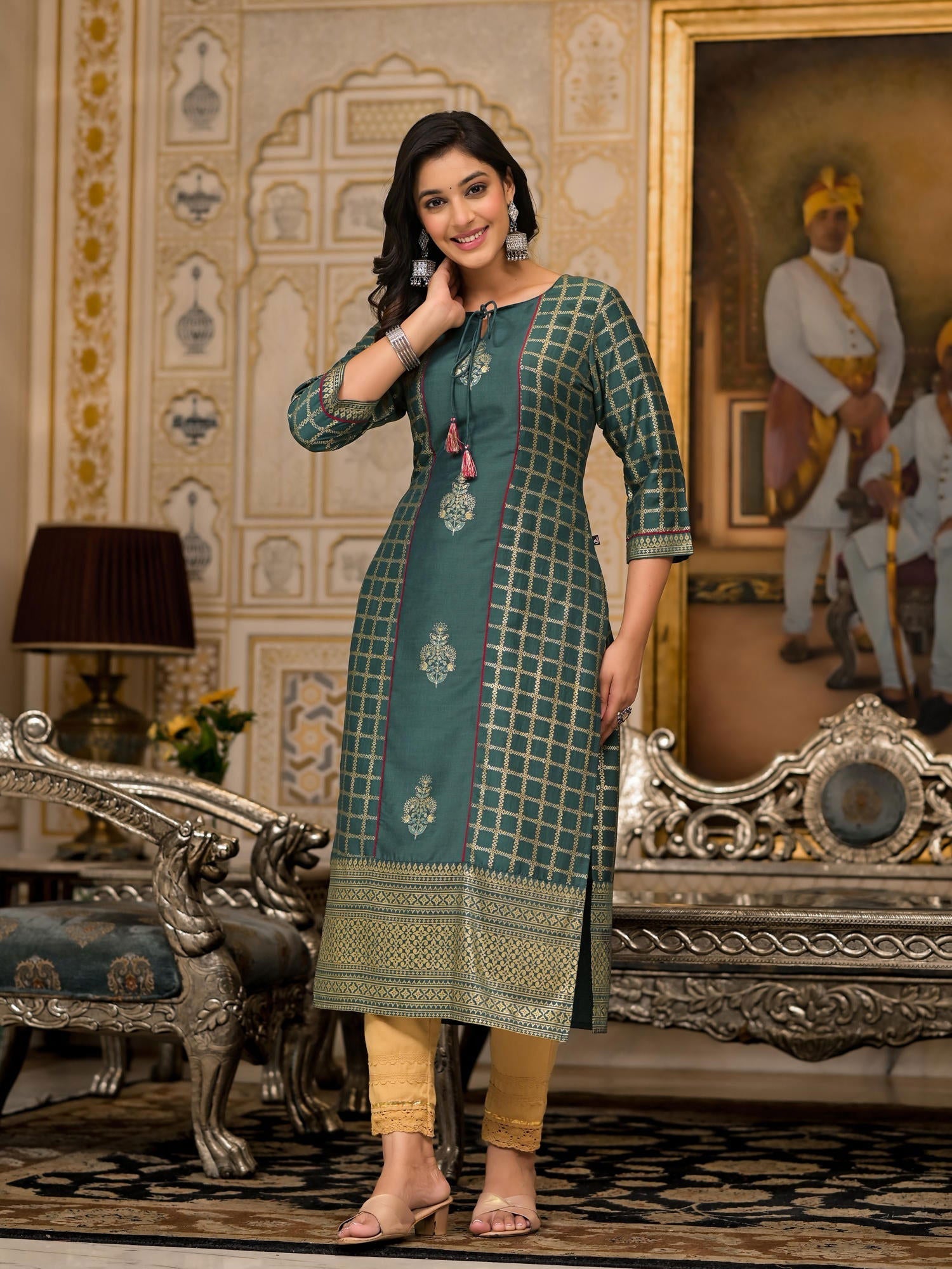 Bottle Green Ethnic Motif Printed Cotton Women Kurta With Dori Detail 