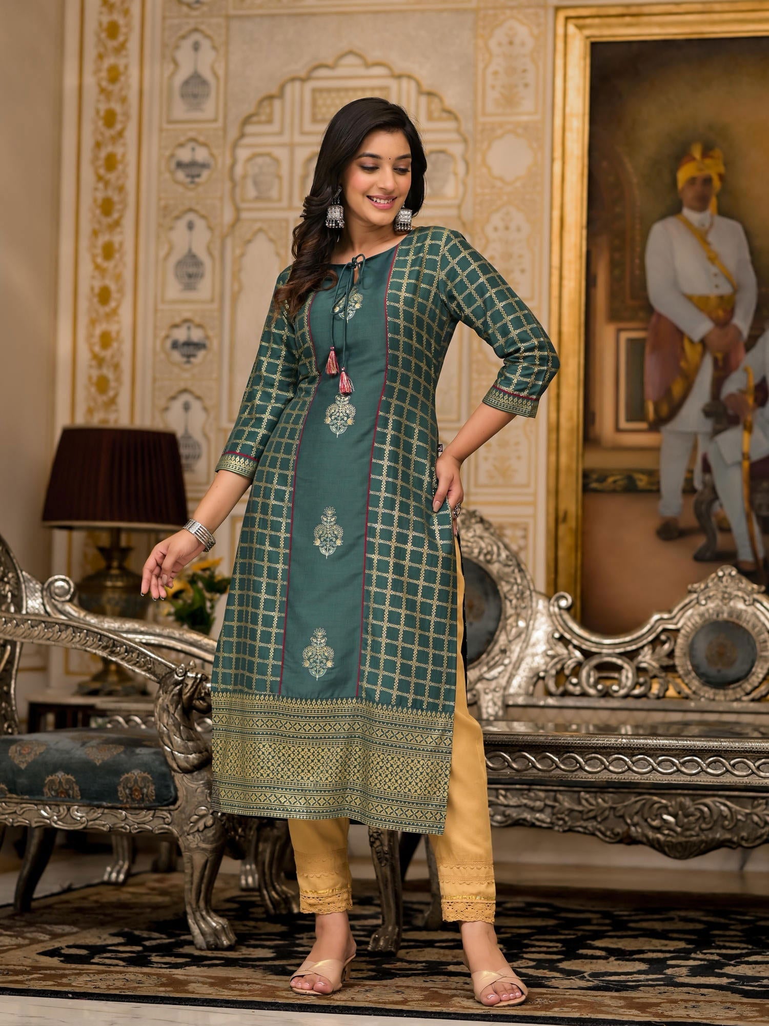 Bottle Green Ethnic Motif Printed Cotton Women Kurta With Dori Detail 