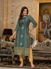 Juniper Bottle Green Ethnic Motif Printed Cotton Women Kurta With Dori Detail 