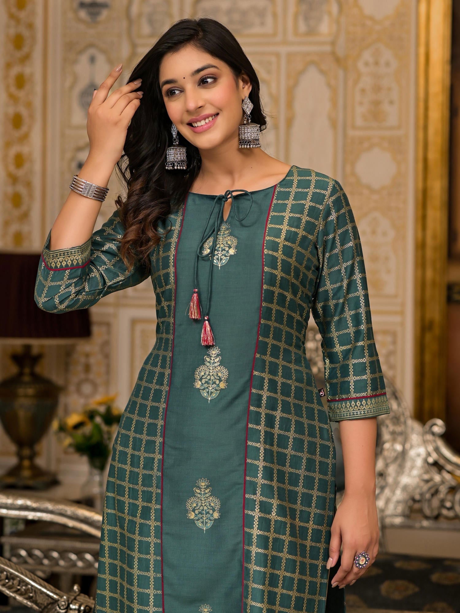 Bottle Green Ethnic Motif Printed Cotton Women Kurta With Dori Detail 