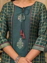 Juniper Bottle Green Ethnic Motif Printed Cotton Women Kurta With Dori Detail 