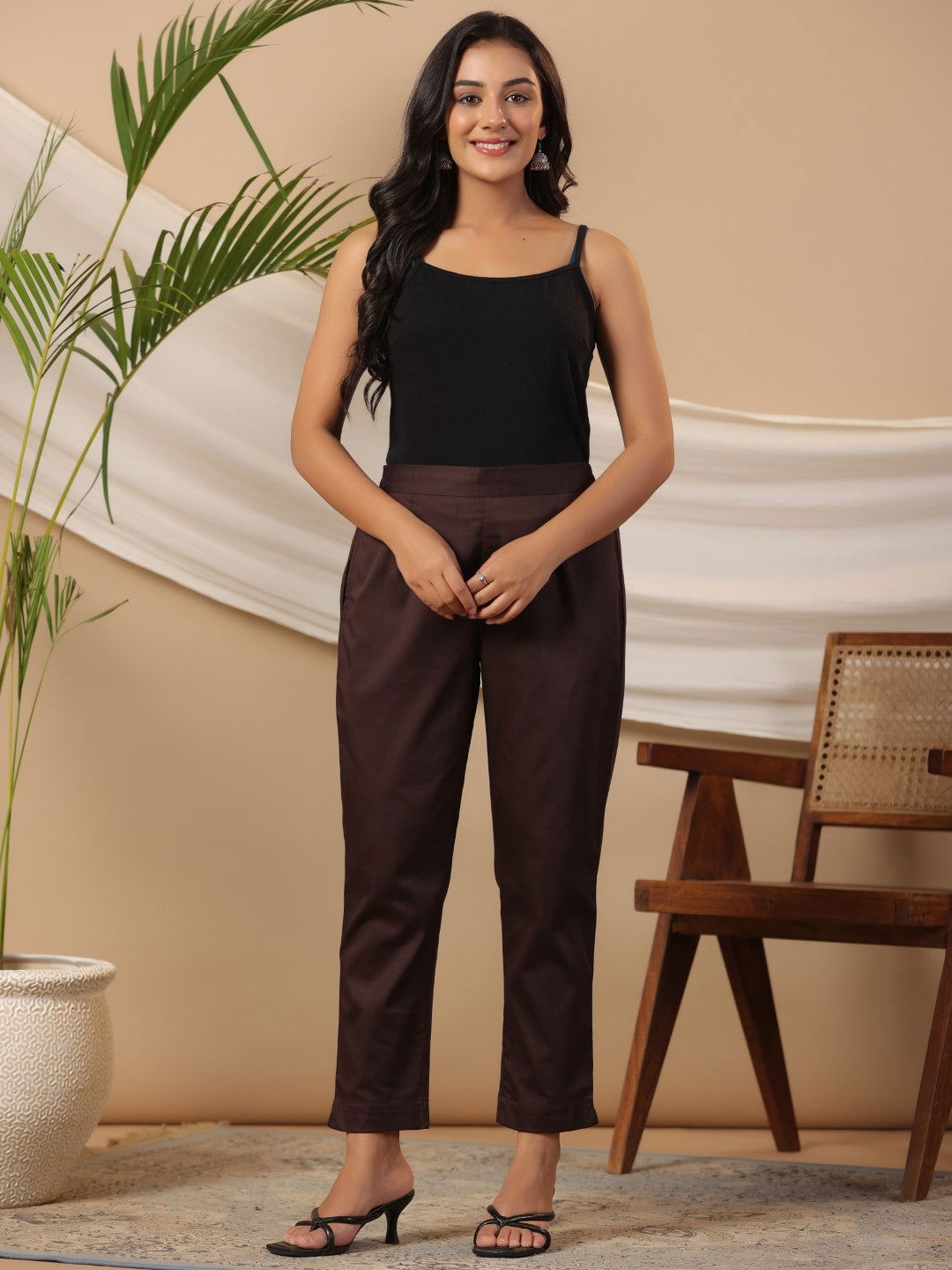 Brown Solid Lycra Women Drawstring Pants With Single Side Pocket | Des