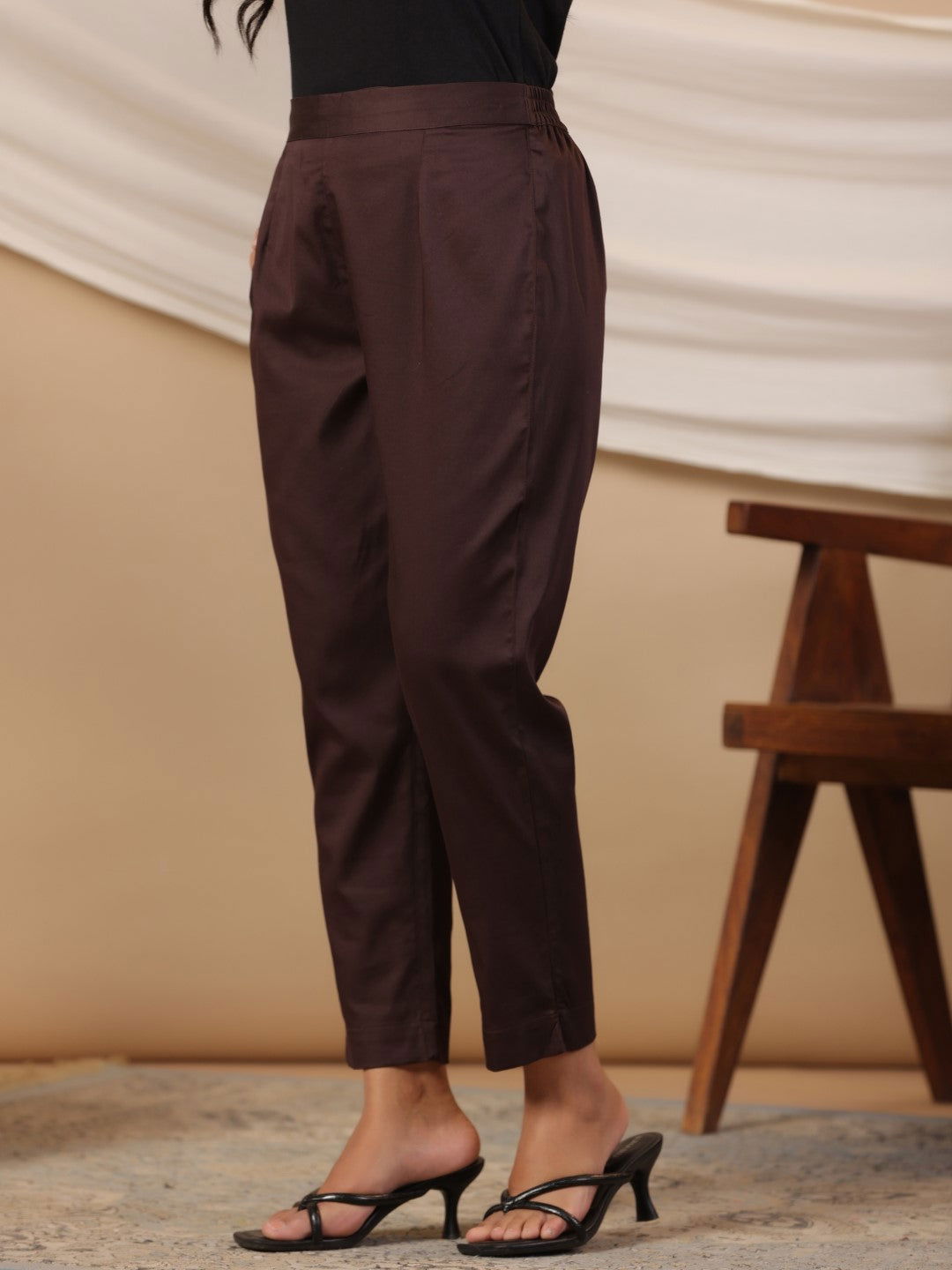 Brown Solid Lycra Women Drawstring Pants With Single Side Pocket | Des