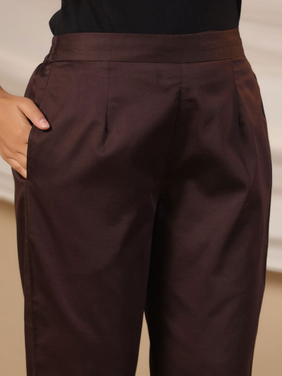 Brown Solid Lycra Women Drawstring Pants With Single Side Pocket | Des