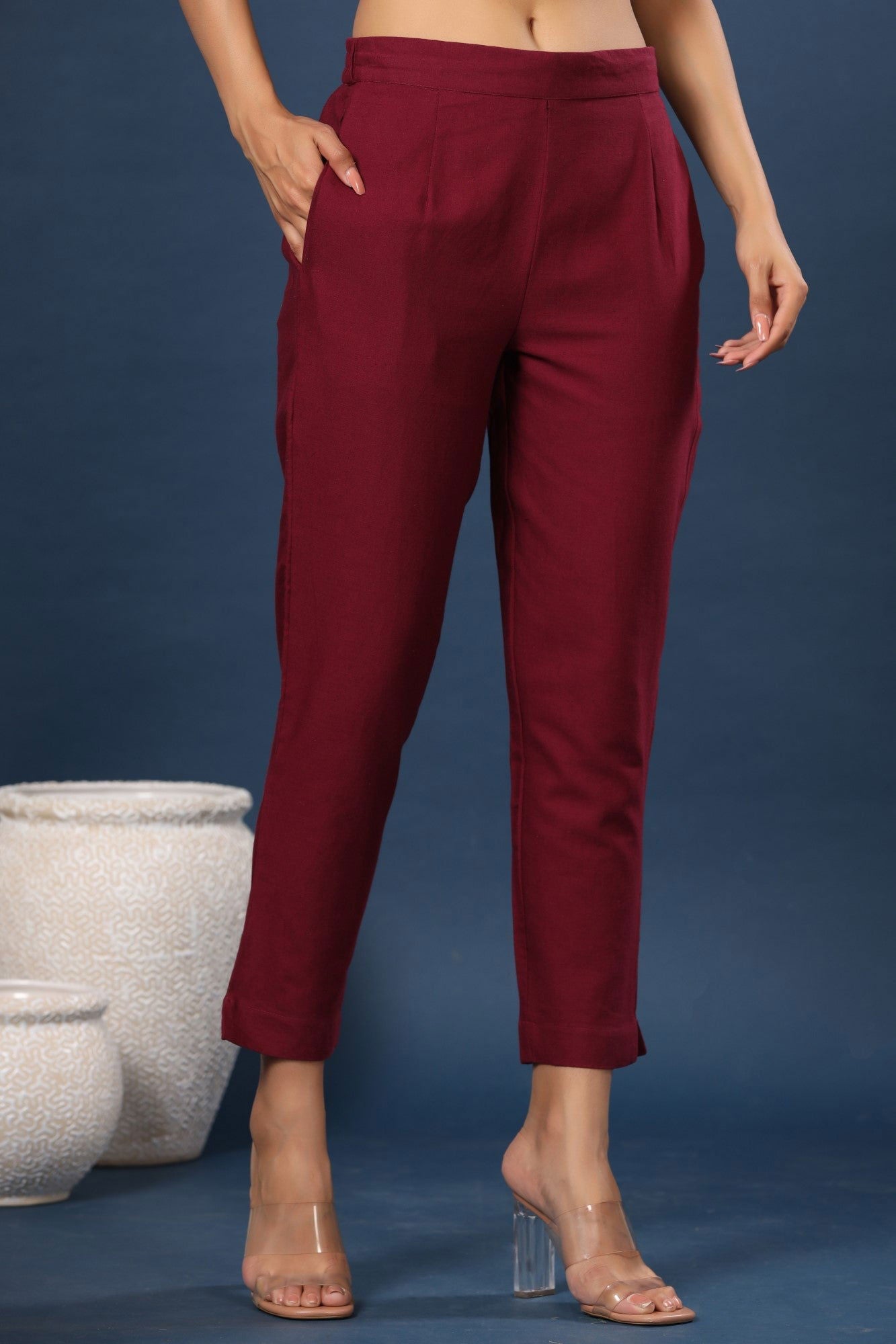 Burgundy Solid Cotton Flex Slim Fit Women Pants With Two Pockets | Des