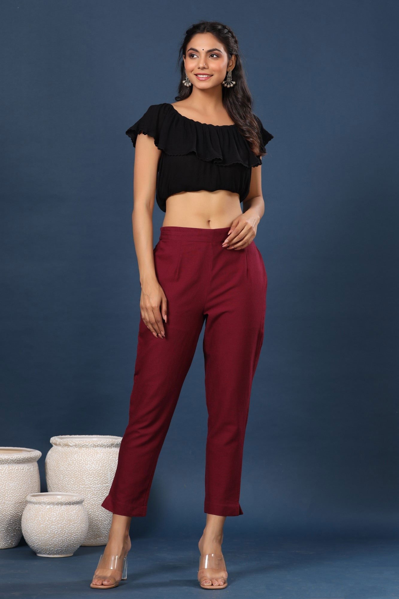 Burgundy Solid Cotton Flex Slim Fit Women Pants With Two Pockets | Des