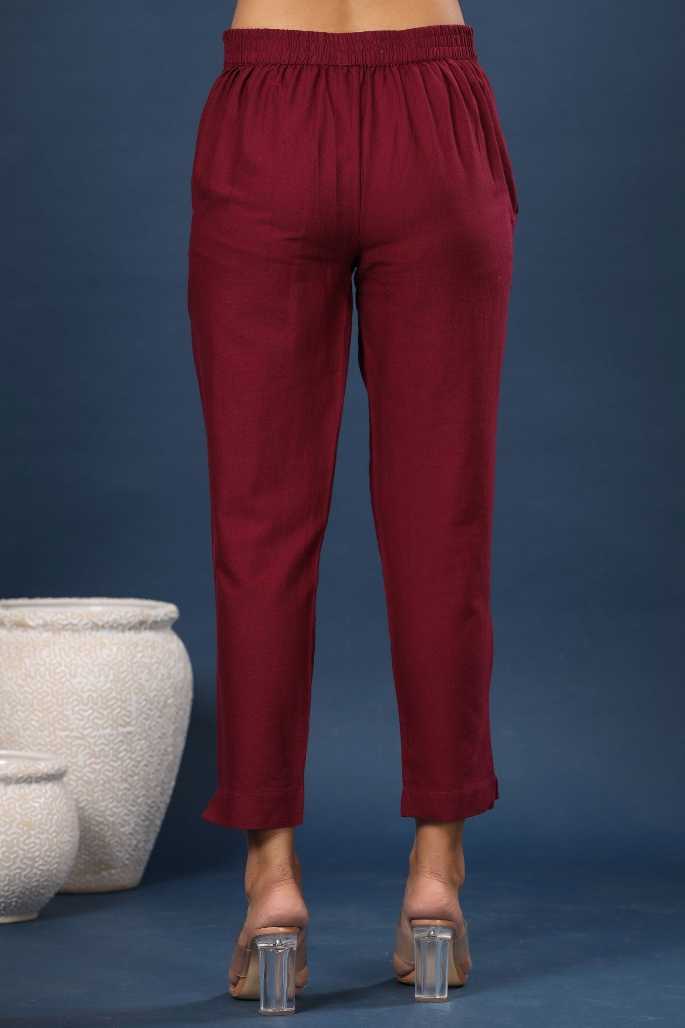 Burgundy Solid Cotton Flex Slim Fit Women Pants With Two Pockets | Des