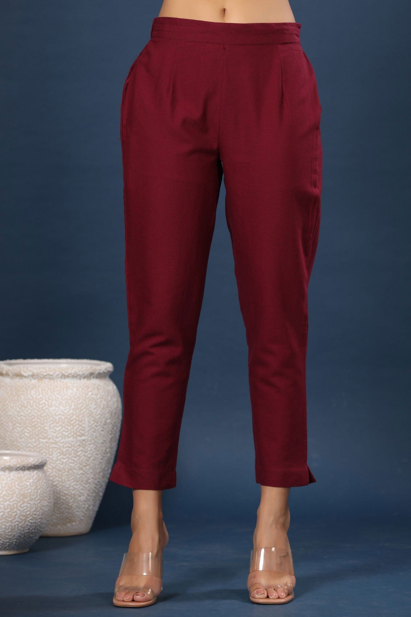 Burgundy Solid Cotton Flex Slim Fit Women Pants With Two Pockets | Des