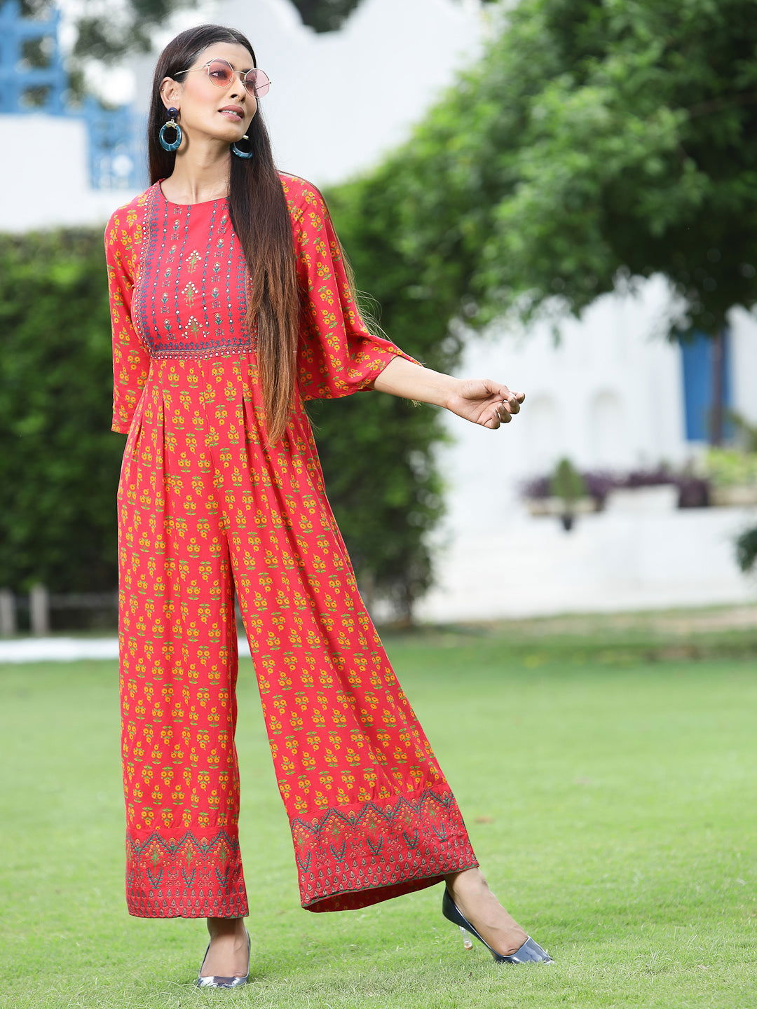 Coral Ethnic Motif Printed Rayon Flared Jumpsuit | DesiQlo