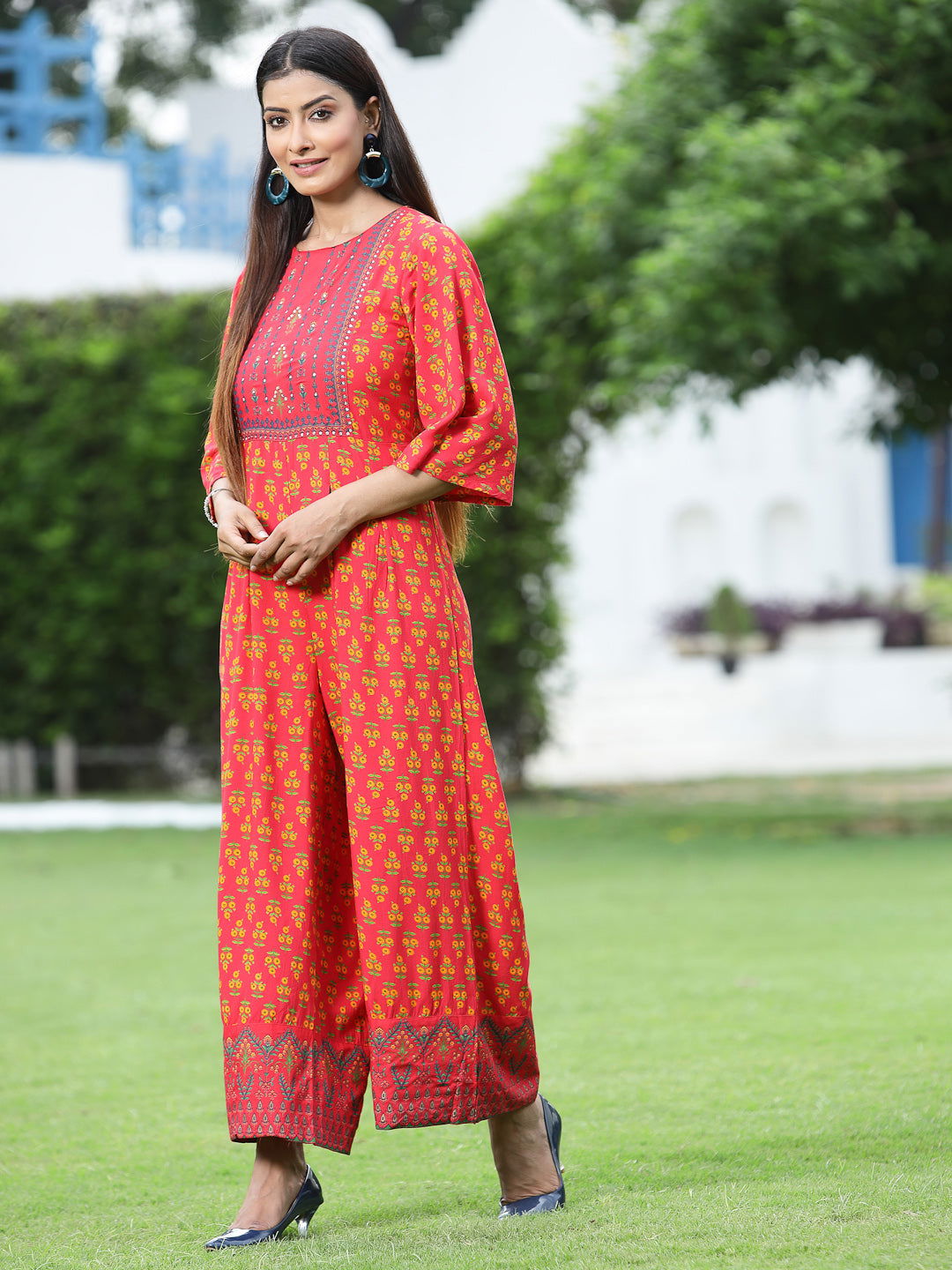Coral Ethnic Motif Printed Rayon Flared Jumpsuit | DesiQlo