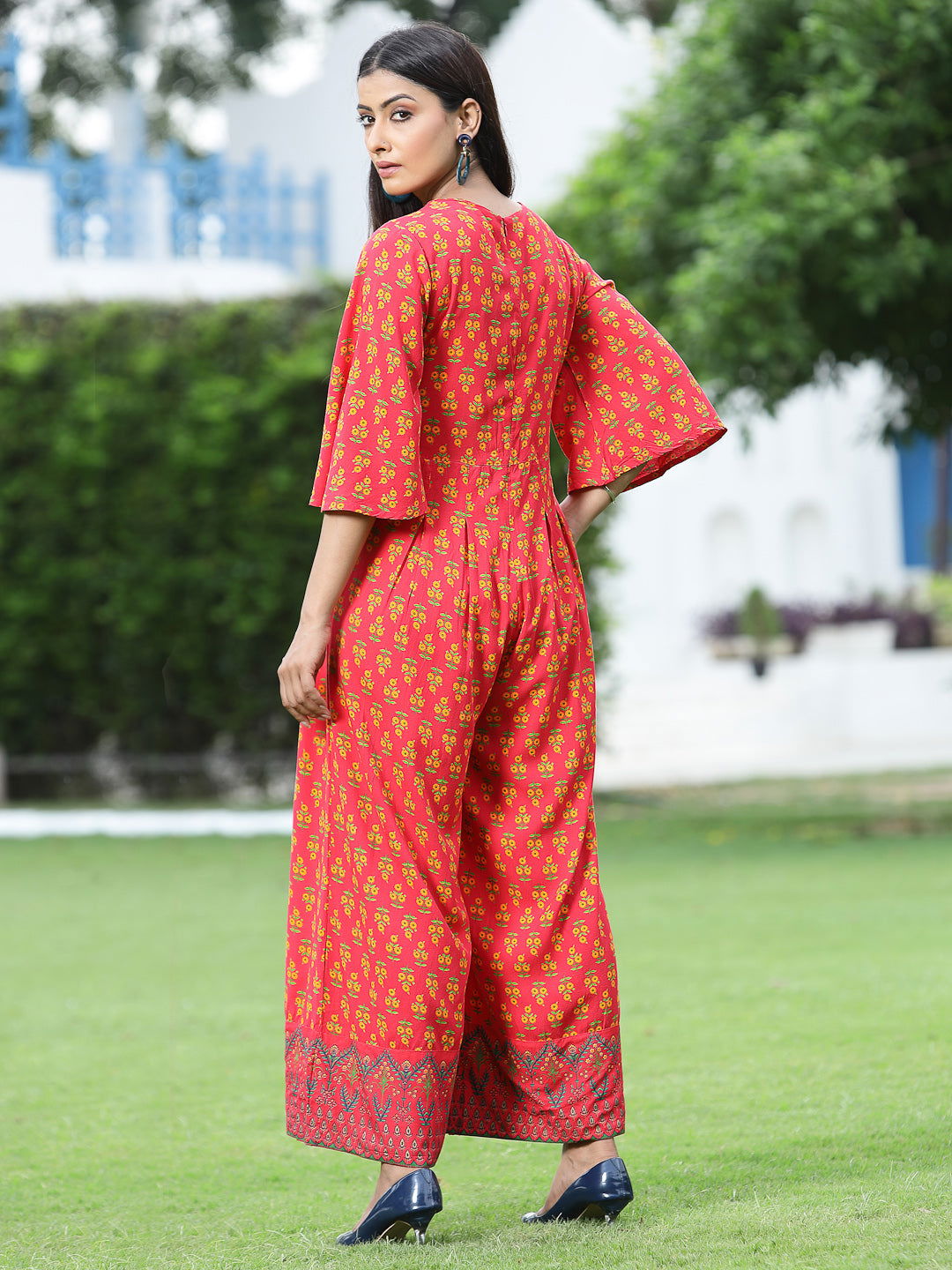 Coral Ethnic Motif Printed Rayon Flared Jumpsuit | DesiQlo