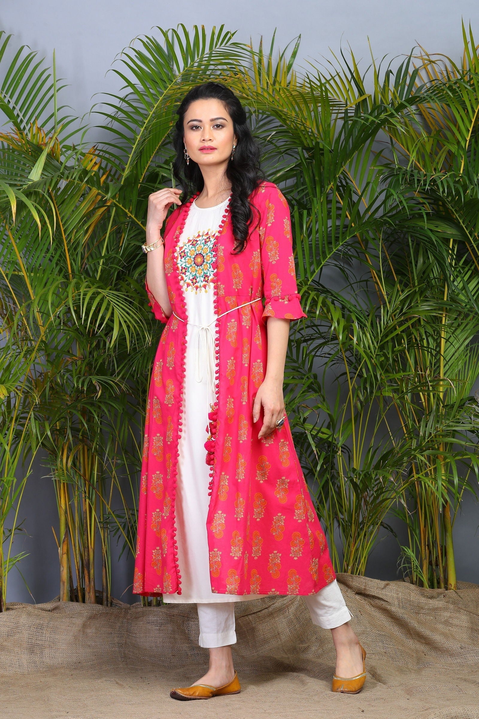 Buy Fuschia Rayon Embroidered Jacket Style Kurta Online in India