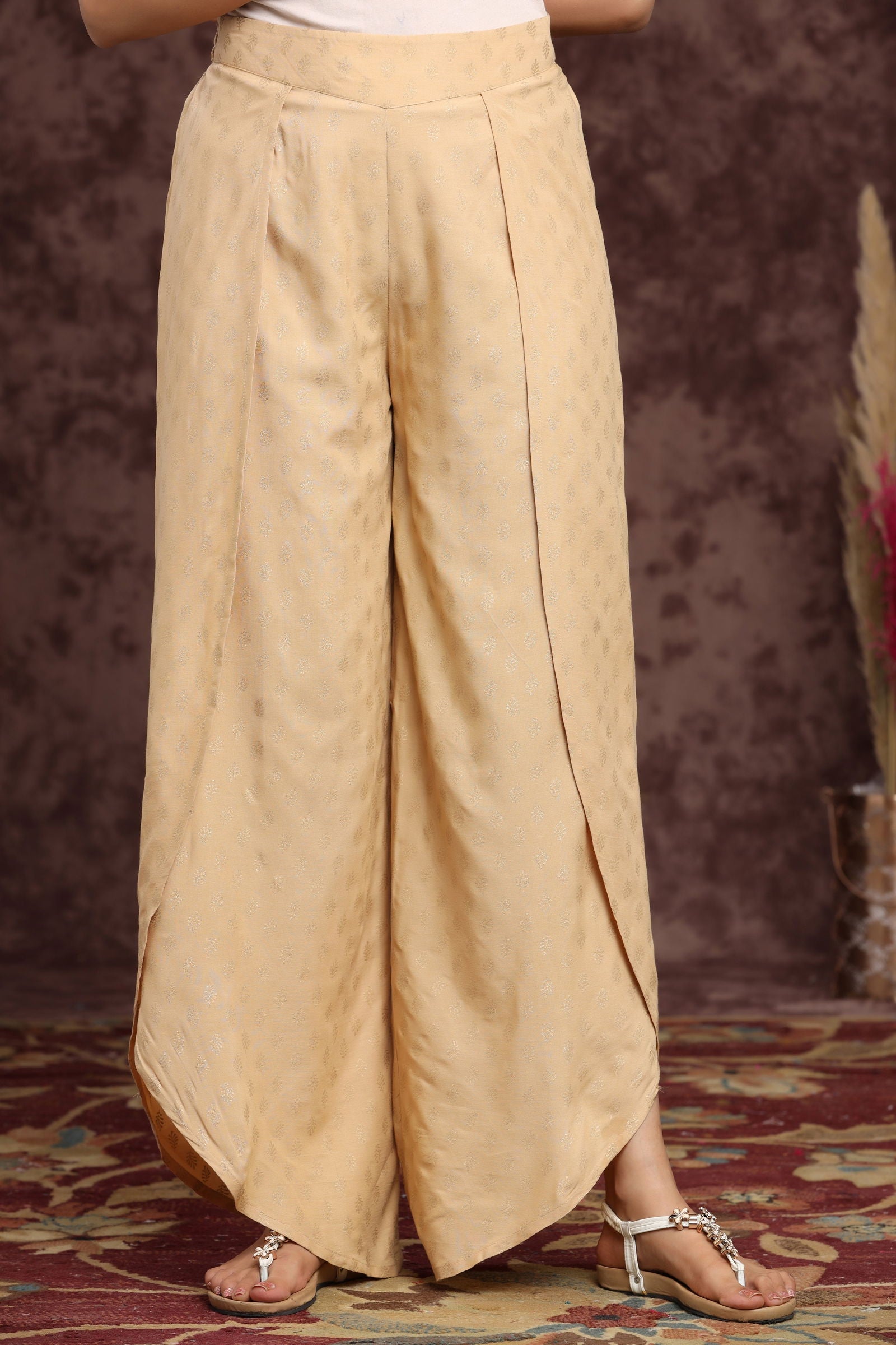 Gold Ethnic Motif Printed Rayon Tulip Pants | DesiQlo