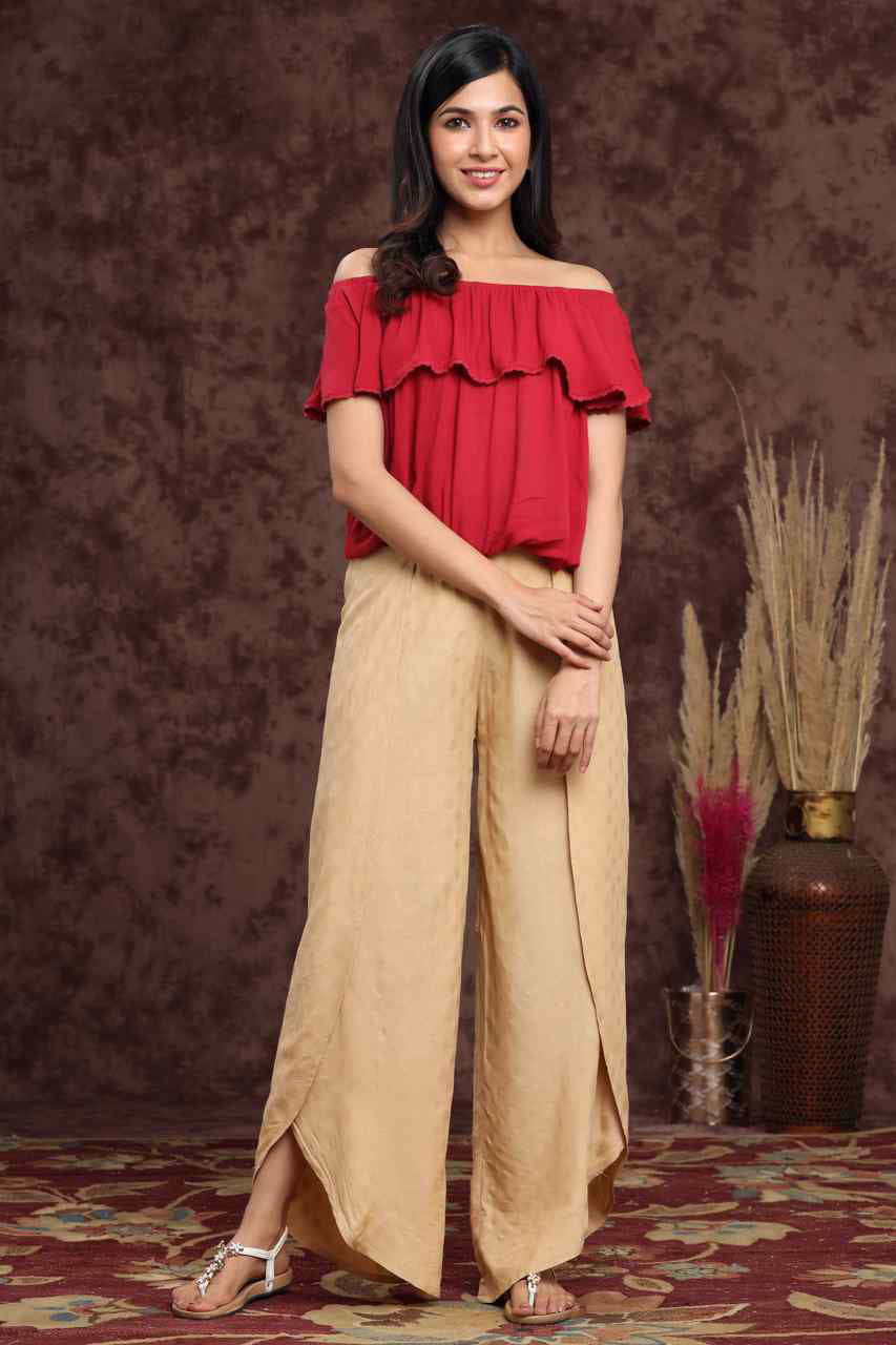 Gold Ethnic Motif Printed Rayon Tulip Pants | DesiQlo