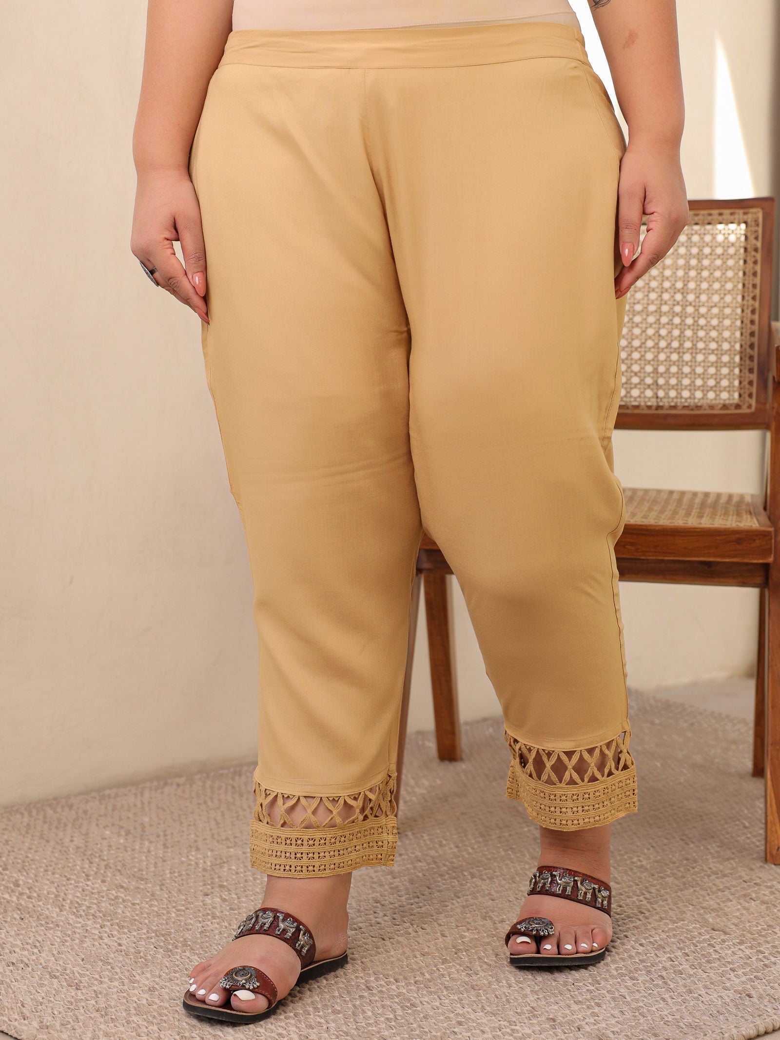 Gold Solid Rayon Ankle-Length Slim Fit Pants | DesiQlo