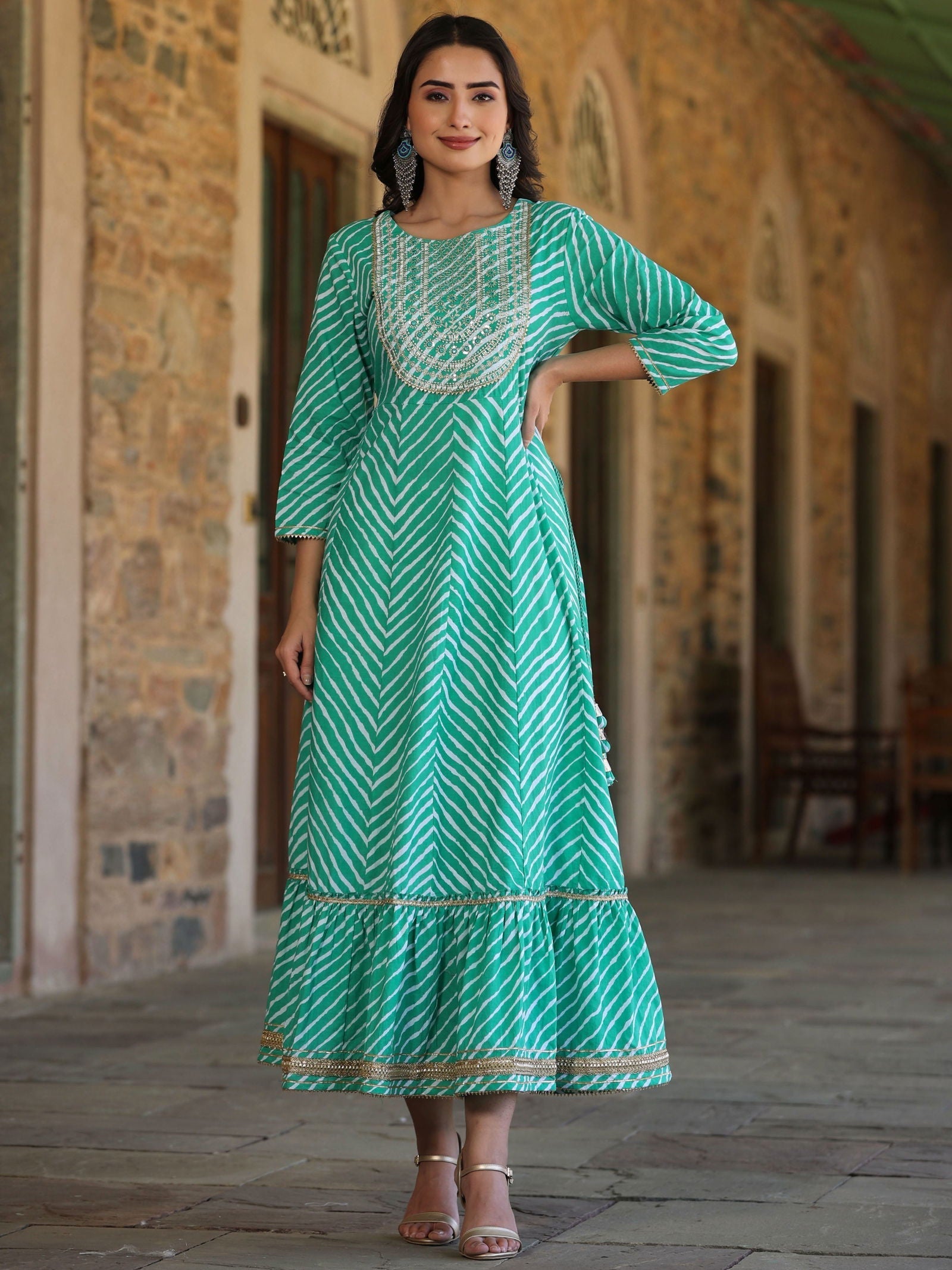 Green Cotton Leheriya Printed Anarkali Dress With Embroidered Yoke & D