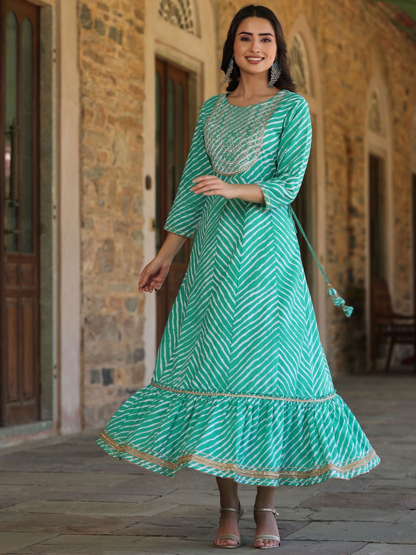 Green Cotton Leheriya Printed Anarkali Dress With Embroidered Yoke & D