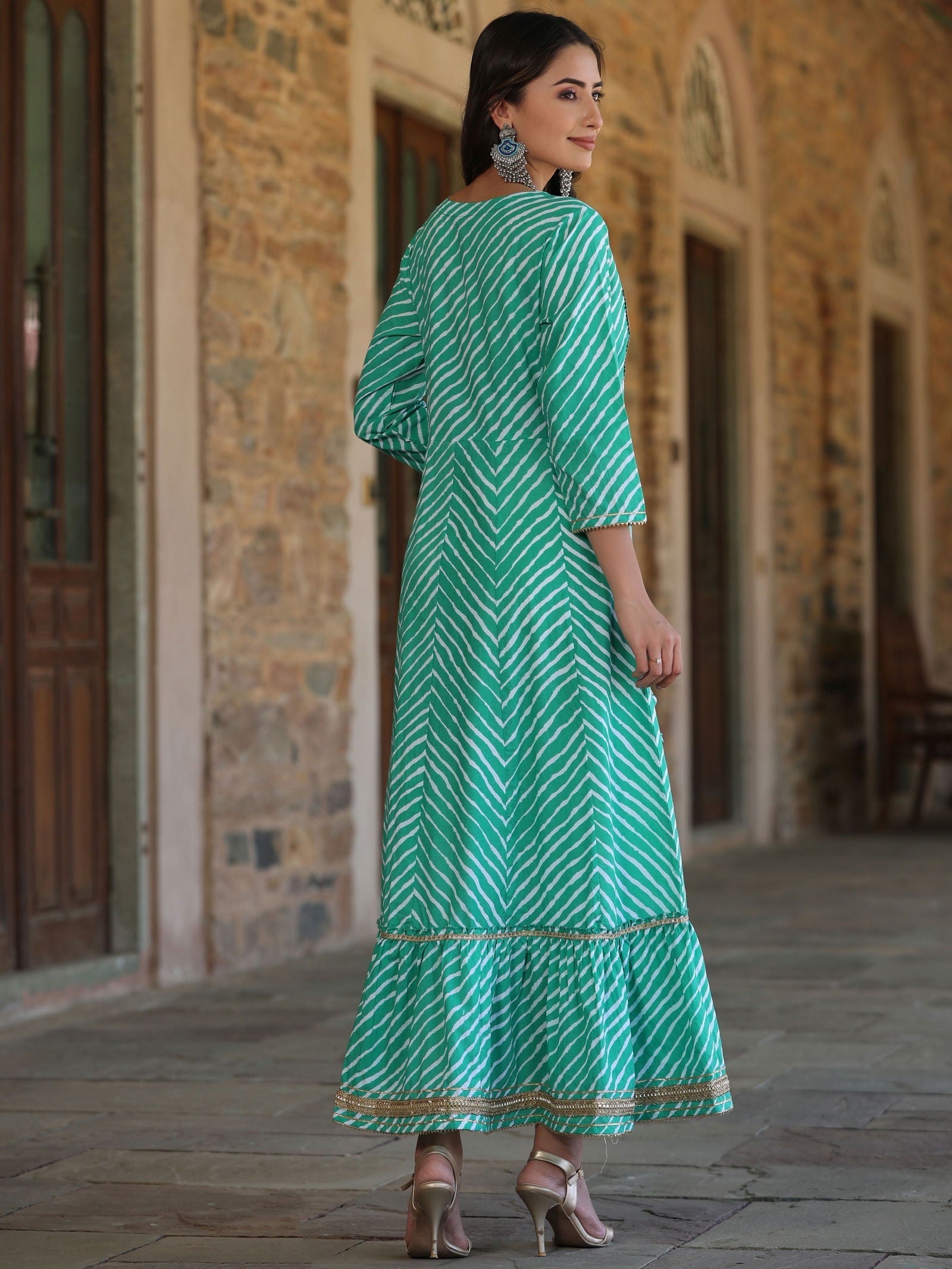 Green Cotton Leheriya Printed Anarkali Dress With Embroidered Yoke & D
