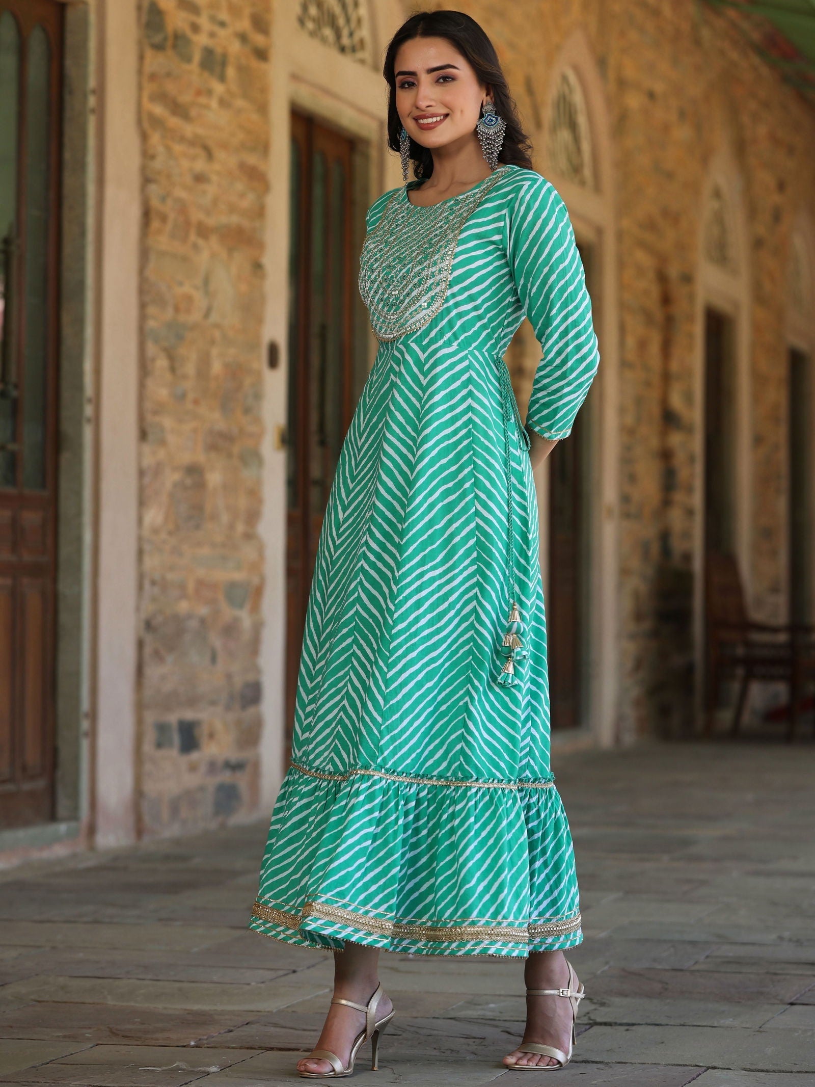 Green Cotton Leheriya Printed Anarkali Dress With Embroidered Yoke & D