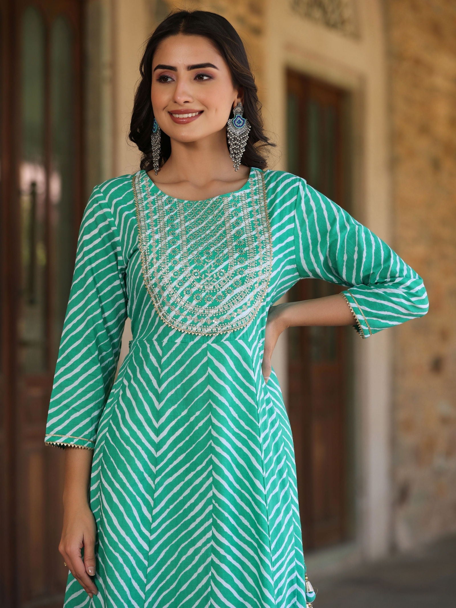 Green Cotton Leheriya Printed Anarkali Dress With Embroidered Yoke & D