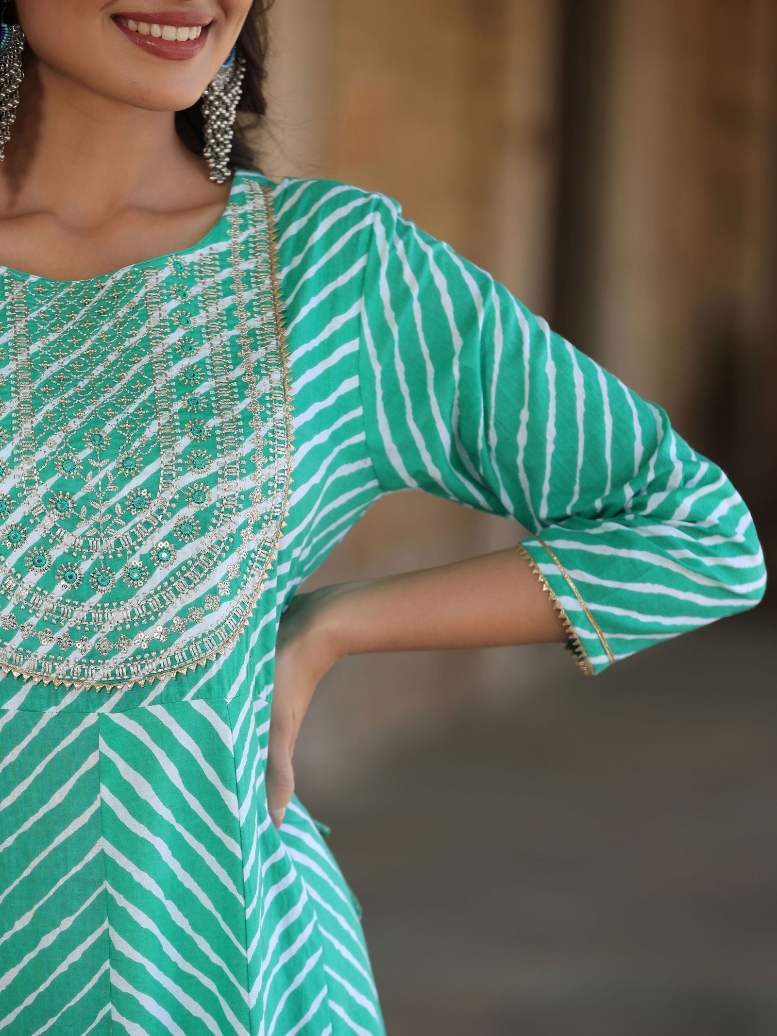 Green Cotton Leheriya Printed Anarkali Dress With Embroidered Yoke & D