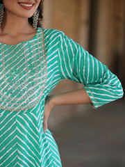 Juniper Green Cotton Leheriya Printed Anarkali Dress With Embroidered Yoke & Dori Tie-Up At Waist 