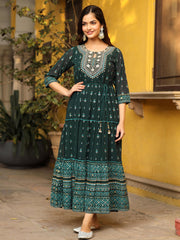 Juniper Green Ethnic Motif Printed Georgette Maxi Dress & Dori With Thread Work 