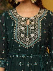 Juniper Green Ethnic Motif Printed Georgette Maxi Dress & Dori With Thread Work 