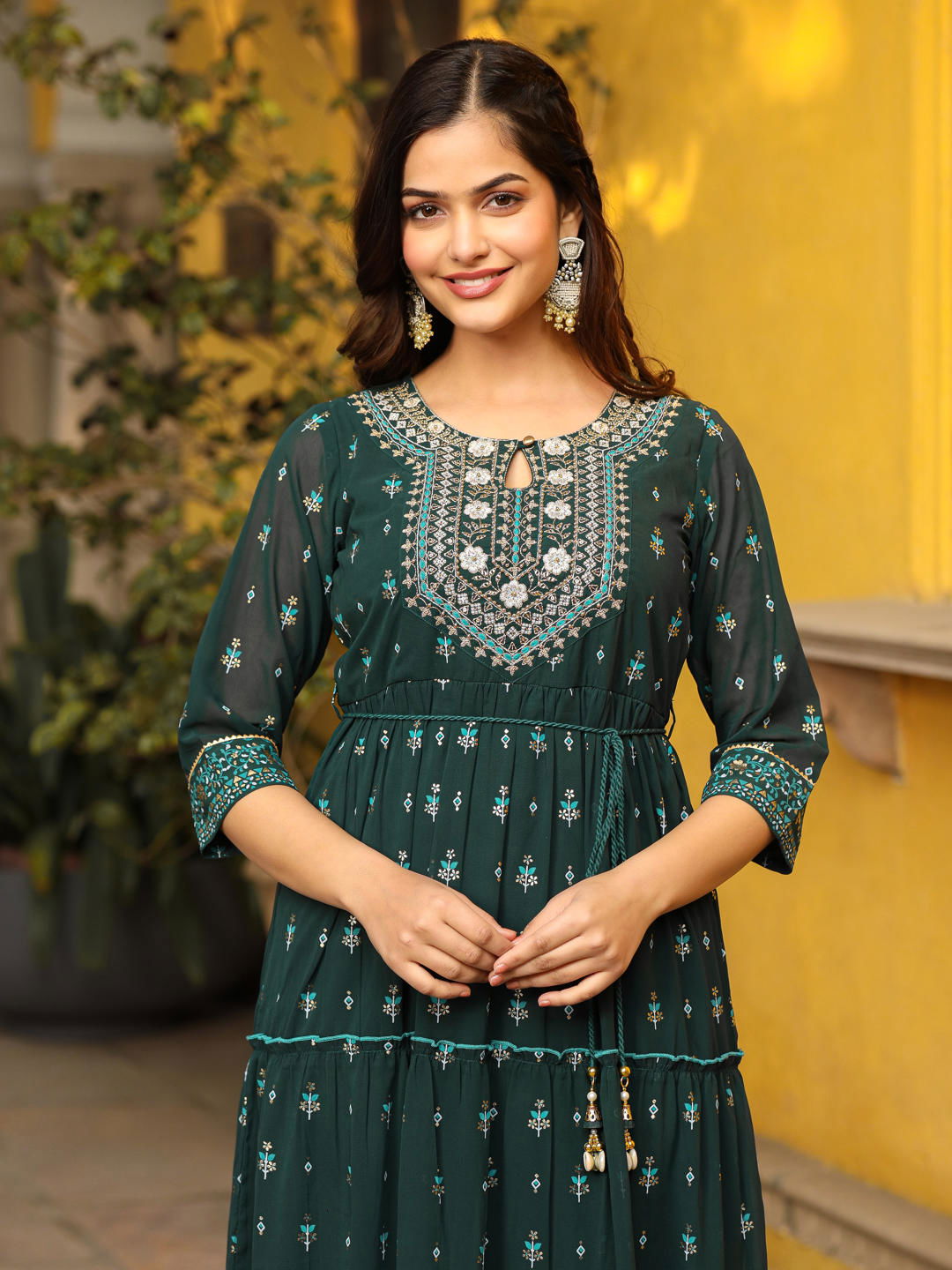Green Ethnic Motif Printed Georgette Maxi Dress & Dori With Thread Wor