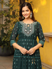 Juniper Green Ethnic Motif Printed Georgette Maxi Dress & Dori With Thread Work 