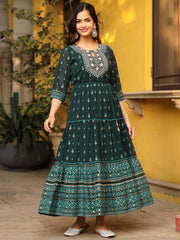 Juniper Green Ethnic Motif Printed Georgette Maxi Dress & Dori With Thread Work 