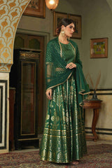 Juniper Green & Gold Ethnic Motif Printed Shantoon Slub Lehenga Choli & Net Dupatta Set. 