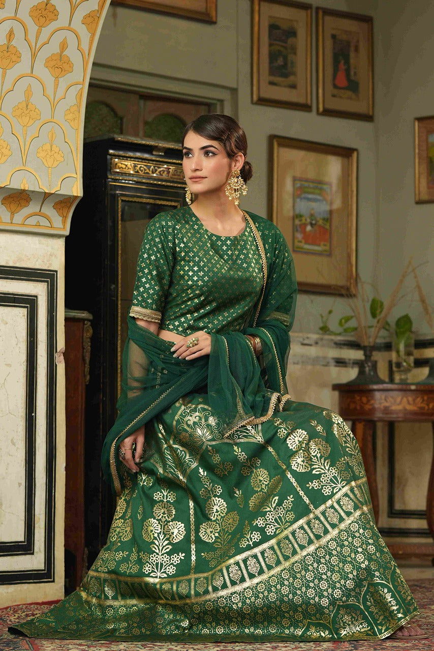 Green & Gold Ethnic Motif Printed Shantoon Slub Lehenga Choli & Net Du
