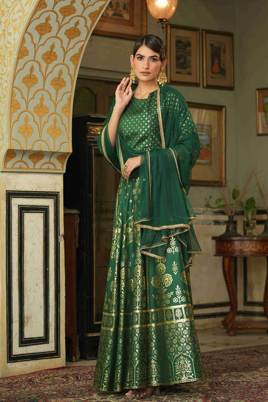 Green & Gold Ethnic Motif Printed Shantoon Slub Lehenga Choli & Net Du