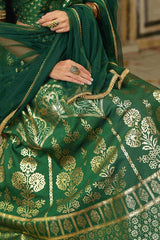 Juniper Green & Gold Ethnic Motif Printed Shantoon Slub Lehenga Choli & Net Dupatta Set. 