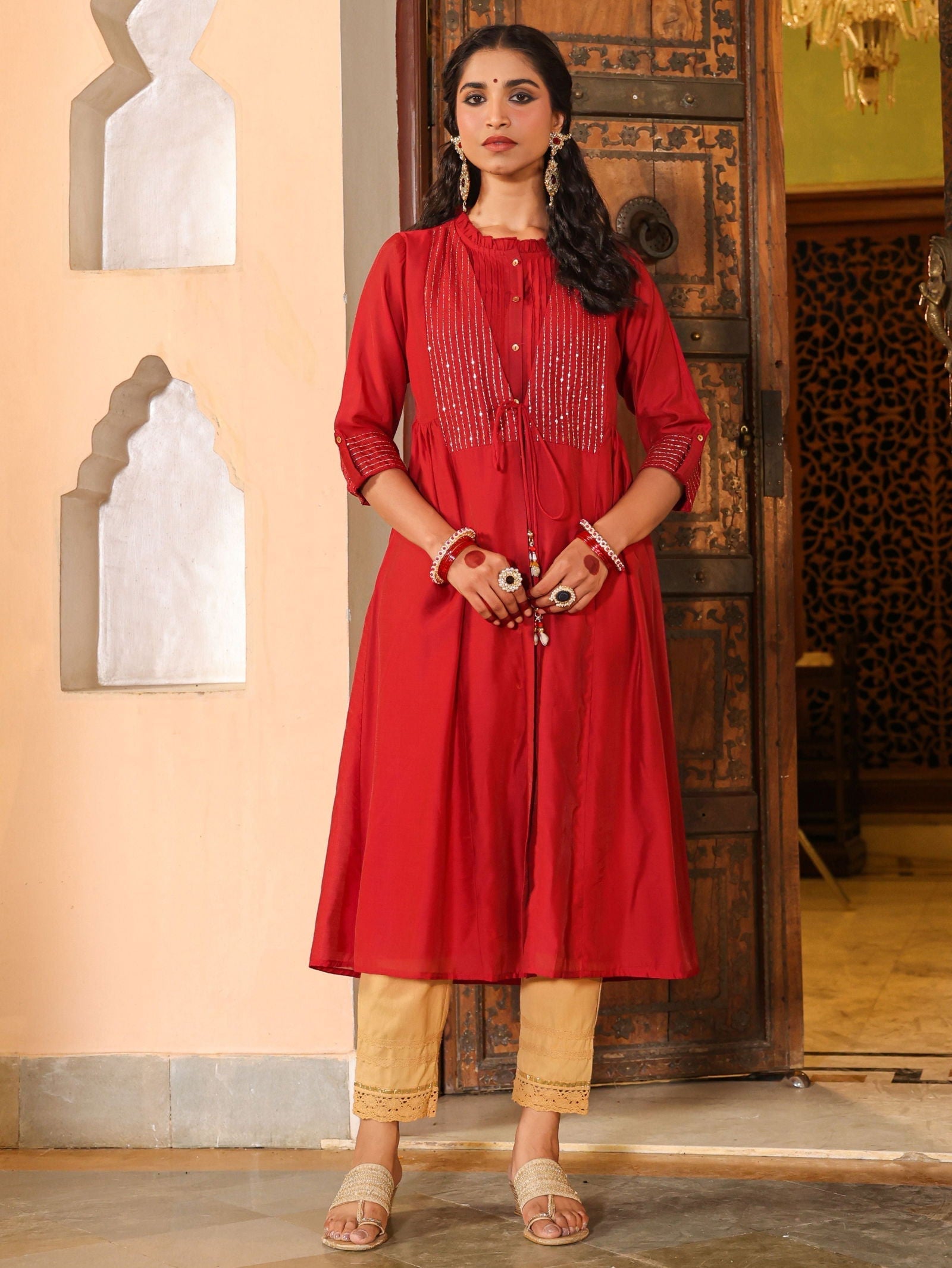 Maroon Stripped Print Chanderi Embroidered Jacket Style Kurta Dress Wi