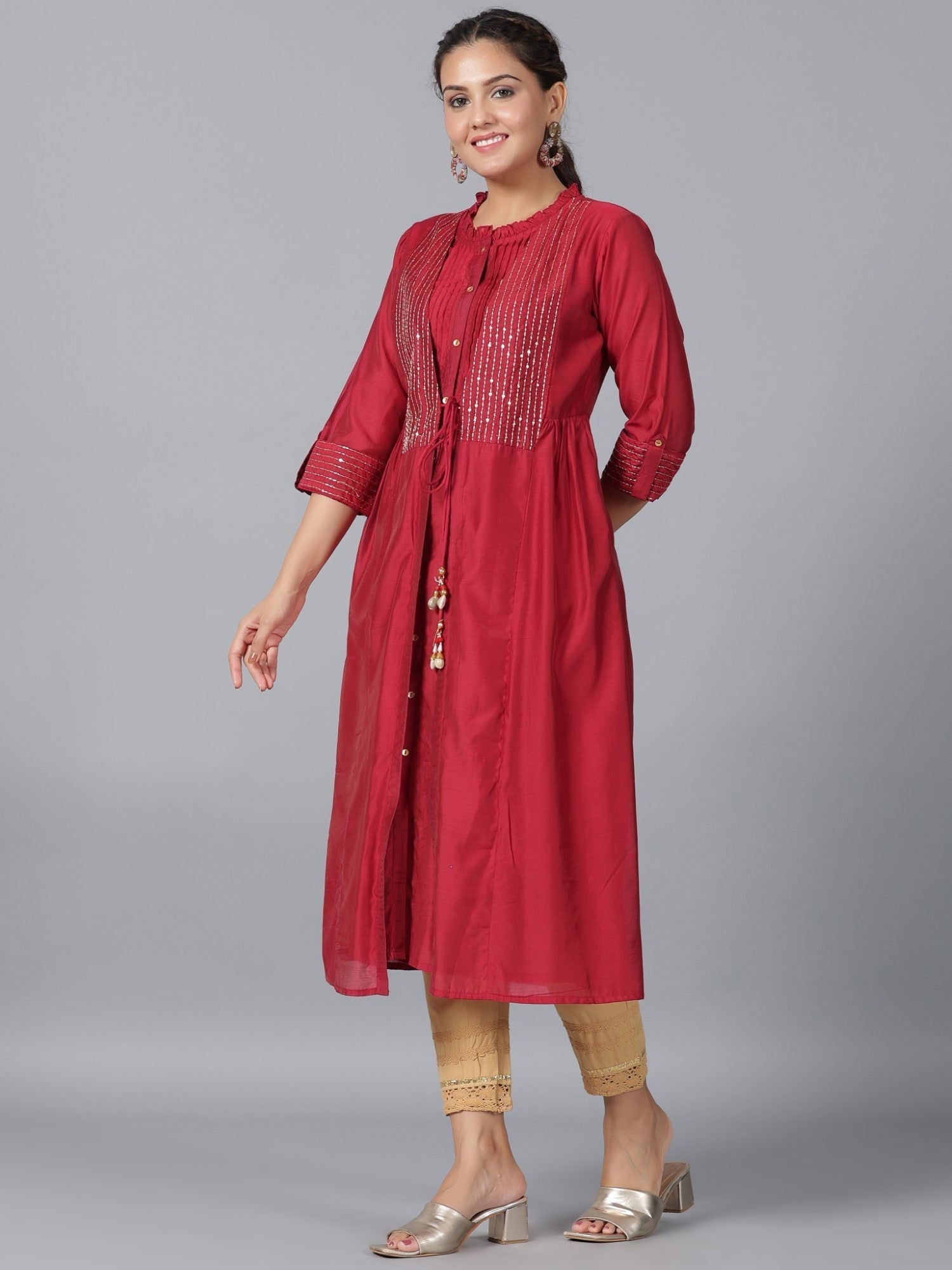 Maroon Stripped Print Chanderi Embroidered Jacket Style Kurta Dress Wi