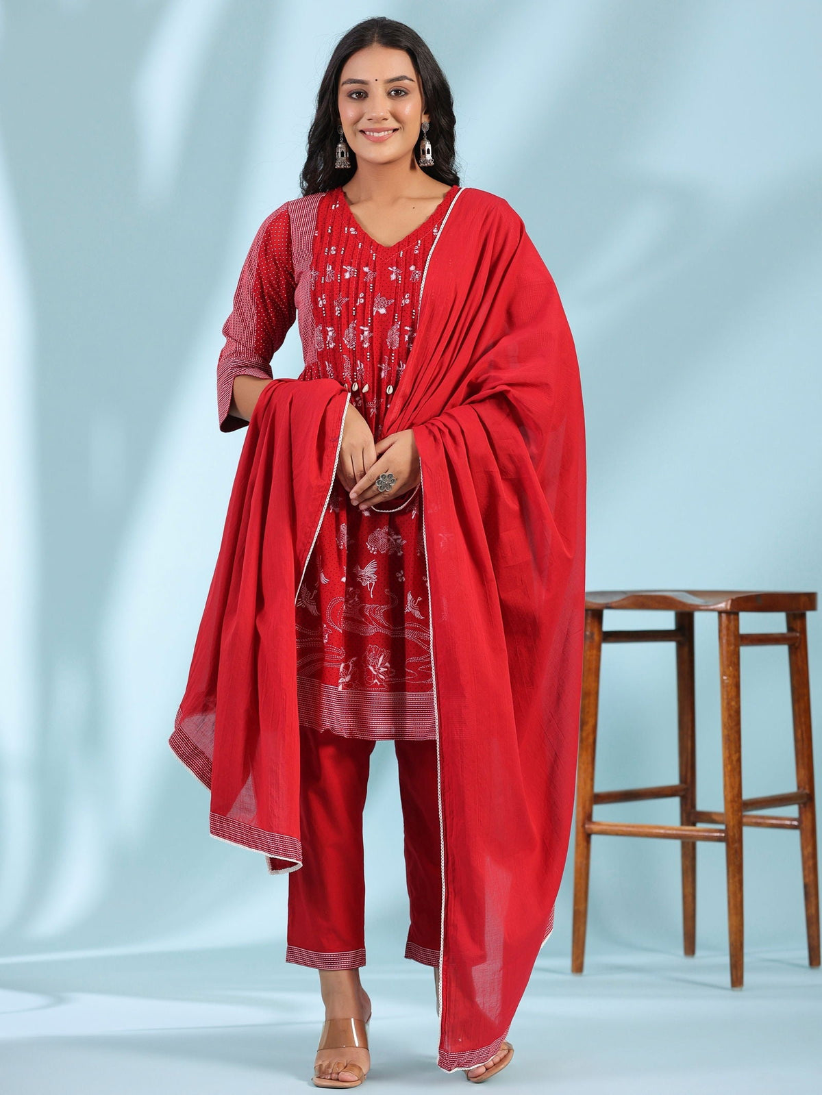 Juniper  Red Ethnic Motif Printed Cotton Voile Kurta With Pant&Dupatta With Pintucks At Front & Beadwork 