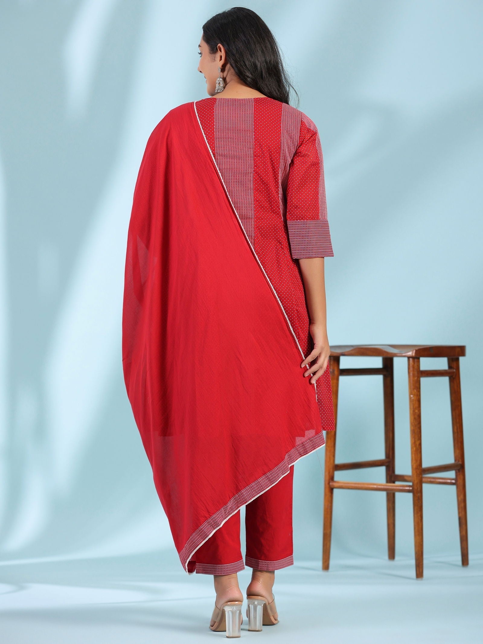 Red Ethnic Motif Printed Cotton Voile Kurta With Pant&Dupatta With Pin