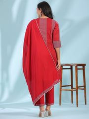 Juniper  Red Ethnic Motif Printed Cotton Voile Kurta With Pant&Dupatta With Pintucks At Front & Beadwork 