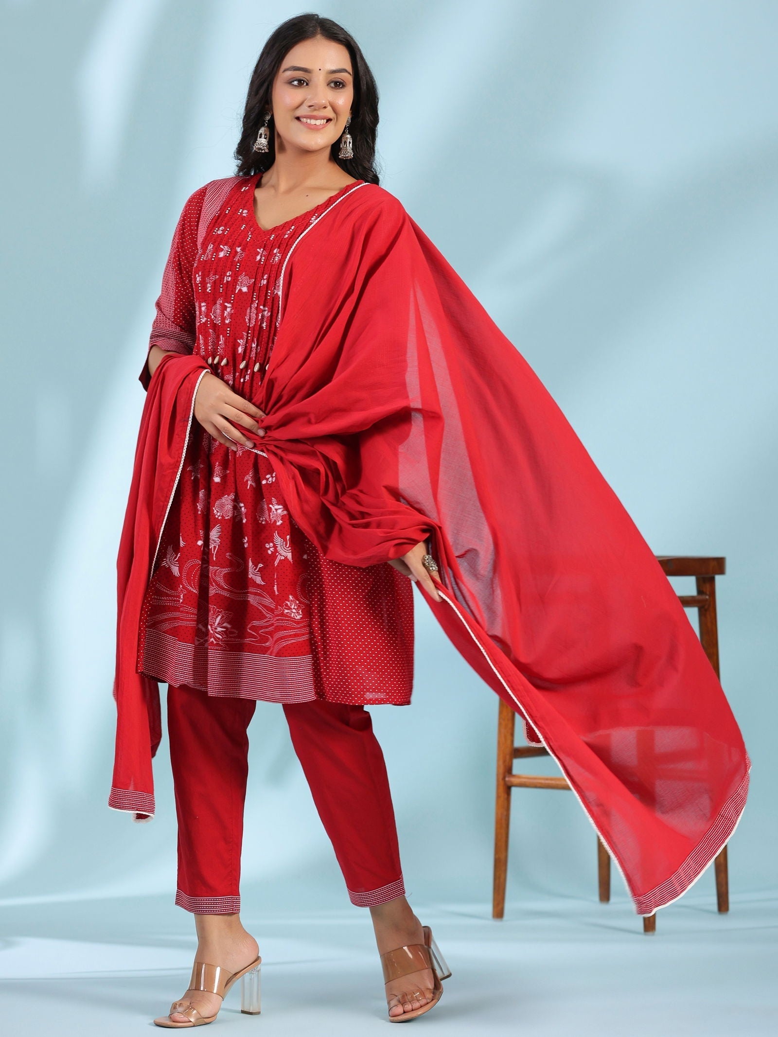 Red Ethnic Motif Printed Cotton Voile Kurta With Pant&Dupatta With Pin