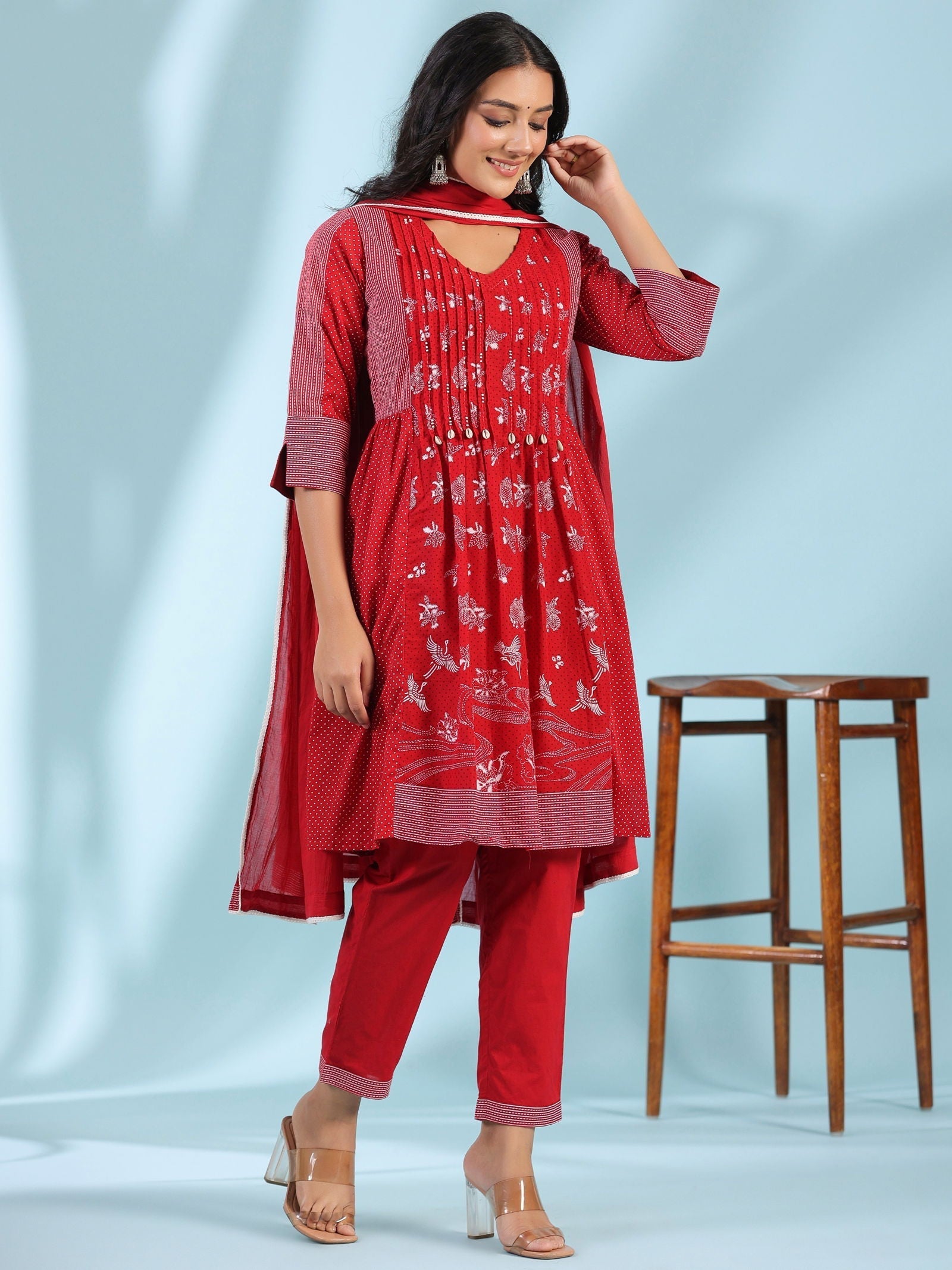 Red Ethnic Motif Printed Cotton Voile Kurta With Pant&Dupatta With Pin