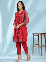 Juniper  Red Ethnic Motif Printed Cotton Voile Kurta With Pant&Dupatta With Pintucks At Front & Beadwork 