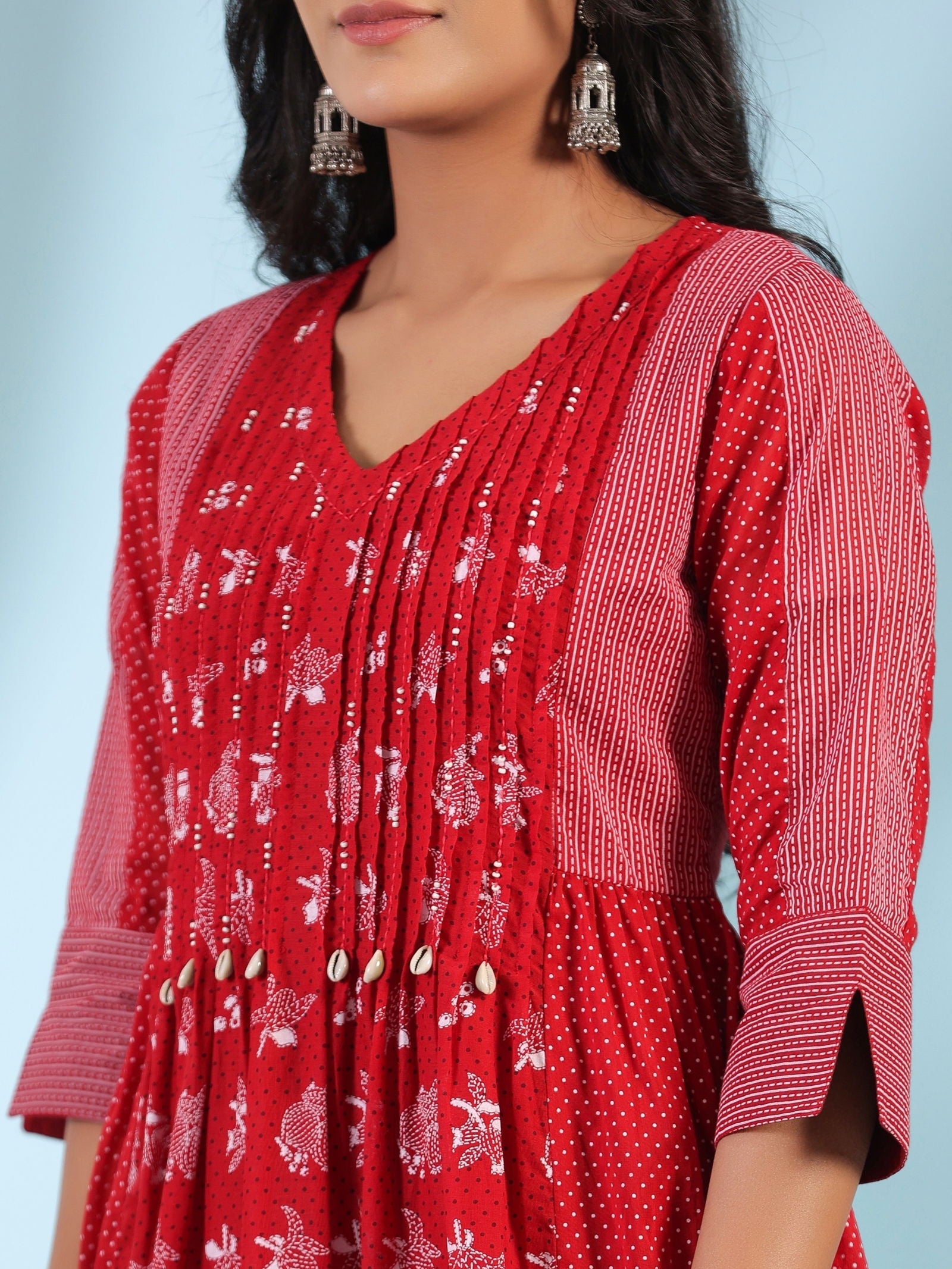 Red Ethnic Motif Printed Cotton Voile Kurta With Pant&Dupatta With Pin