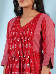 Juniper  Red Ethnic Motif Printed Cotton Voile Kurta With Pant&Dupatta With Pintucks At Front & Beadwork 