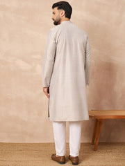 Ethnic Bay Men Grey Silk Geometric Printed Straight Kurta With Pant Set-MKSET1272