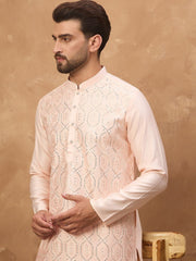 Ethnic Bay Men Peach Silk Blend Solid Embroidered Straight Kurta With Pant Set-MKSET1431